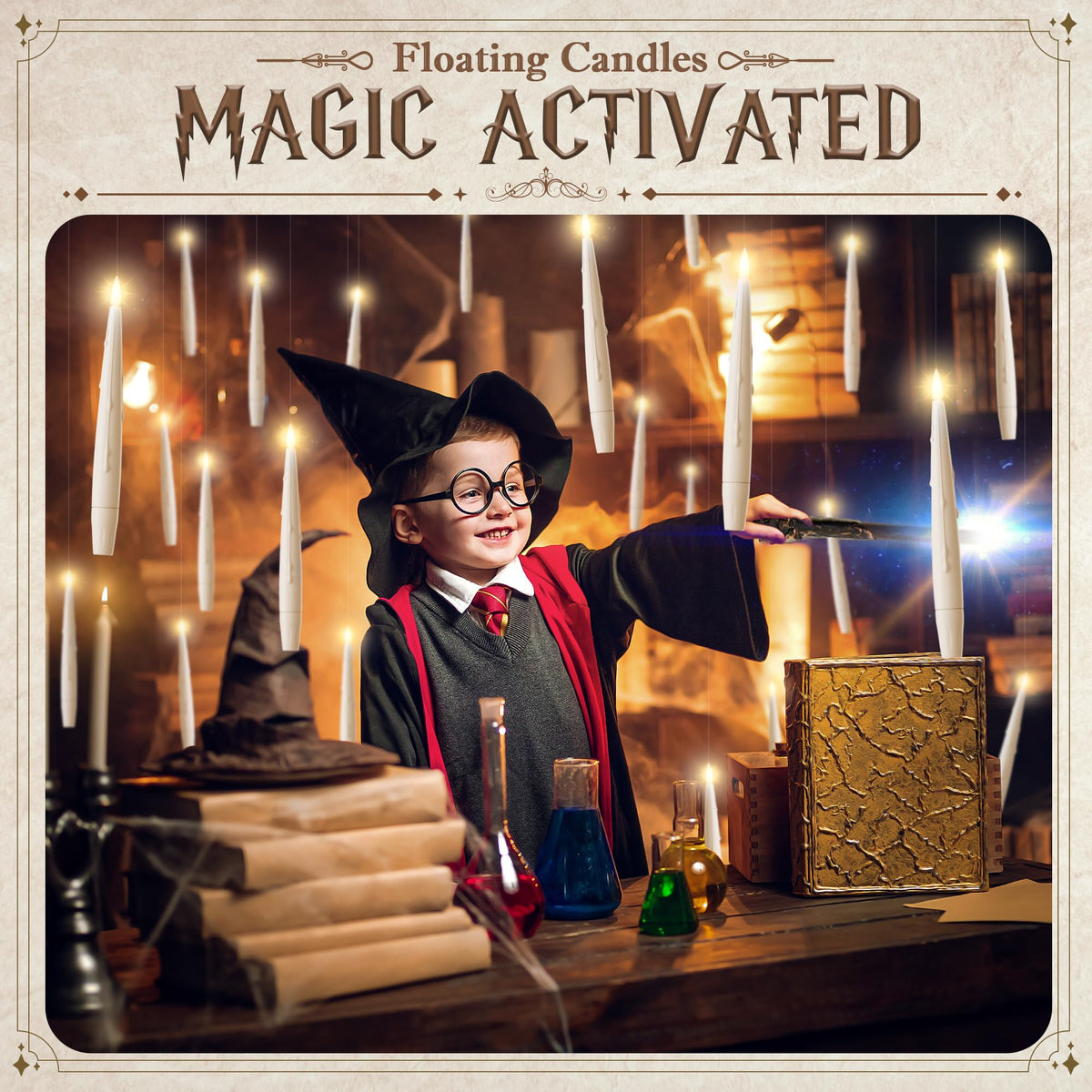 JOIONE Floating Candles with Wand, 20 Pack Hanging Candles with Magic Wand Remote, Battery Powered Floating Candles with 2 Wand, Flameless Magic Hanging Taper Candles for Xmas Halloween Decor
