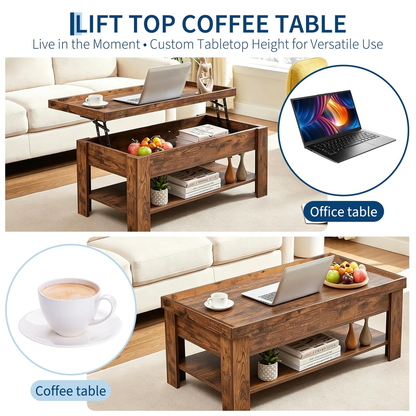 Lift Top Coffee Table with Hidden Storage, Modern Rising Tabletop Desk for Small Spaces, Wood Center Table with Large Compartment and Shelf for Living Room Apartment Dorm