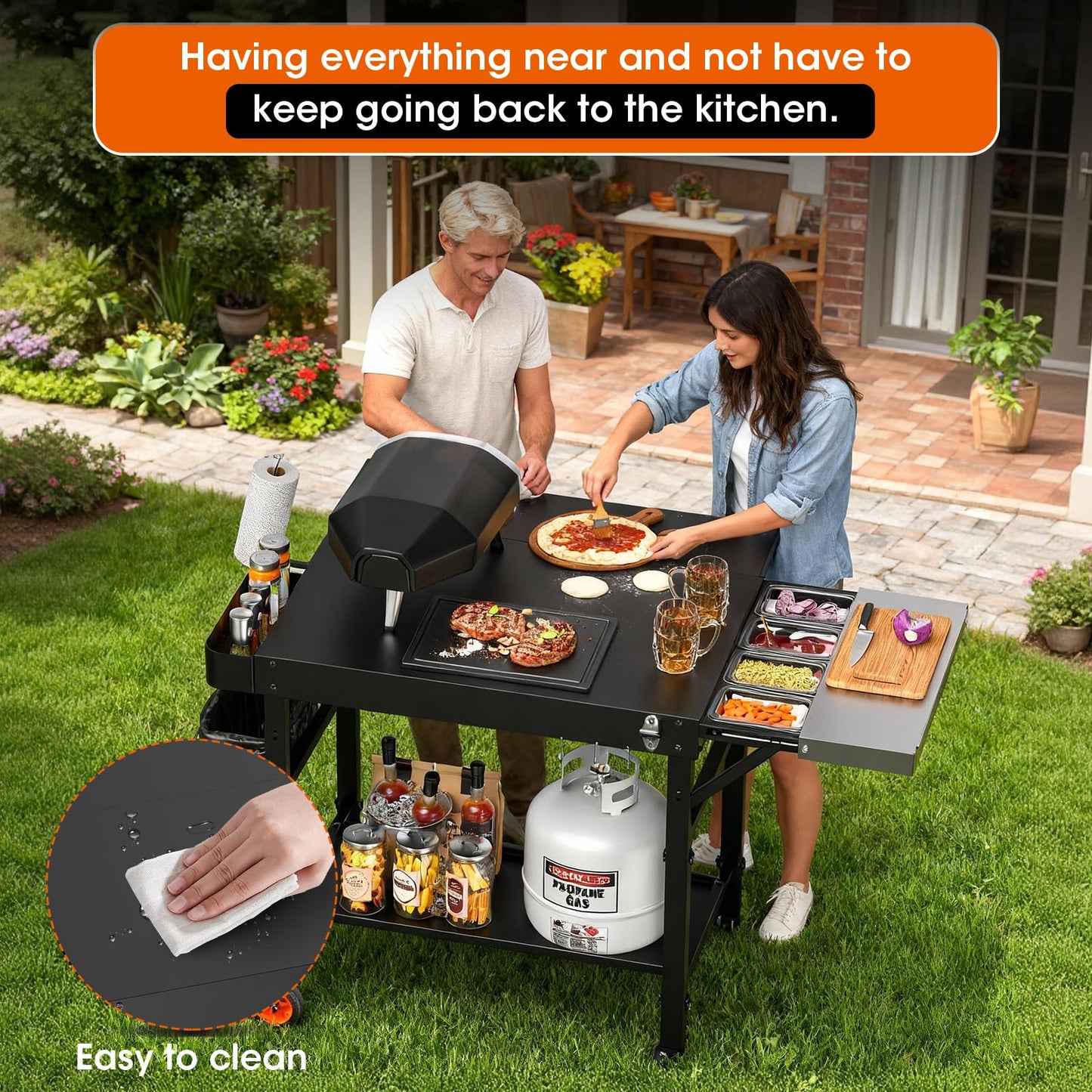 Pizza Oven Table for Ooni Pizza Ovens, Grill Cart Table with Topping Station, Pizzas Stands with Wheels, Expansive Countertop Pizzas Oven Accessories for Party Fits Blackstone Ninja Cuisinart Gozney