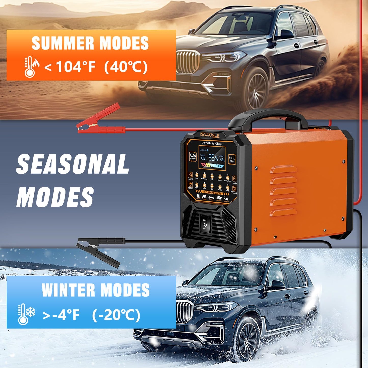 DCACNLE Car Battery Charger Heavy Duty,12V/24V Portable Smart Trickle Charger Battery Maintainer,Maintenance/Winter Mode,for AGM Auto Motorcycle Truck Rv Lawn Mower - for Lead Acid Batteries