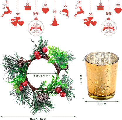 Skylety Christmas Votive Candle Holders - 4 Pack Glass Tealight Holders with Red Berry Wreaths