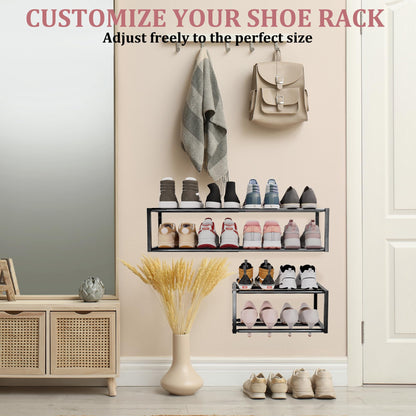 Jchccu 4 Pack Expandable Wall Mounted Shoe Rack, 17"-31" Adjustable Hanging Shoe Rack Holds 32 Pairs, Heavy Duty Metal Shoe Holder with 8 Storage Hooks, Space Saving for Entryway Closet Doorway（Black
