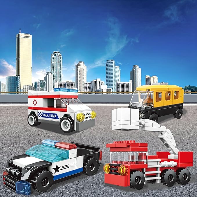 16 Pack Building Blocks Party Favors for Kids Lego-Compatible 2 in 1 710pcs Building Kits Mini City Vehicles Include Police Car &amp Train Christmas Toy Gifts Goodie Bag Filler Stuffers for Boys Gi