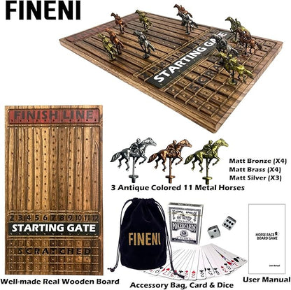 Horse Racing Game for Adults Horse Race Board Game with 11 Luxurious Antique Matt Metal Horses(Bronze Brass Silver) 19” Wood Horse Race Game Board Dice &amp Card Included (Log)
