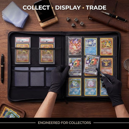 Toploader Binder 9 Pocket Holds 360 Toploaders - Collector Kit Gloves Tweezers &amp Gift Box - Holder for 3x4 Top Loaders - Mesh Pocket for Top loader Zippered Storage Album TCG &amp Sports Cards