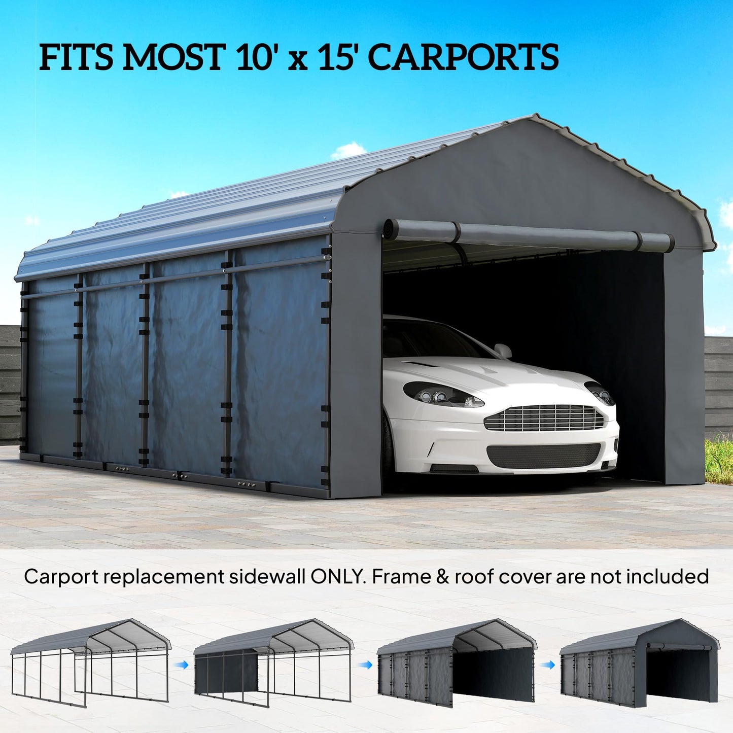 Outsunny Carport Replacement Sidewall Panels Set of 4 for 10' x 15' Carports, UPF50+ Waterproof PE Tarp Replacement Side Wall Cover with Zipper Door, Top Cover and Frame Not Included, Dark Gray
