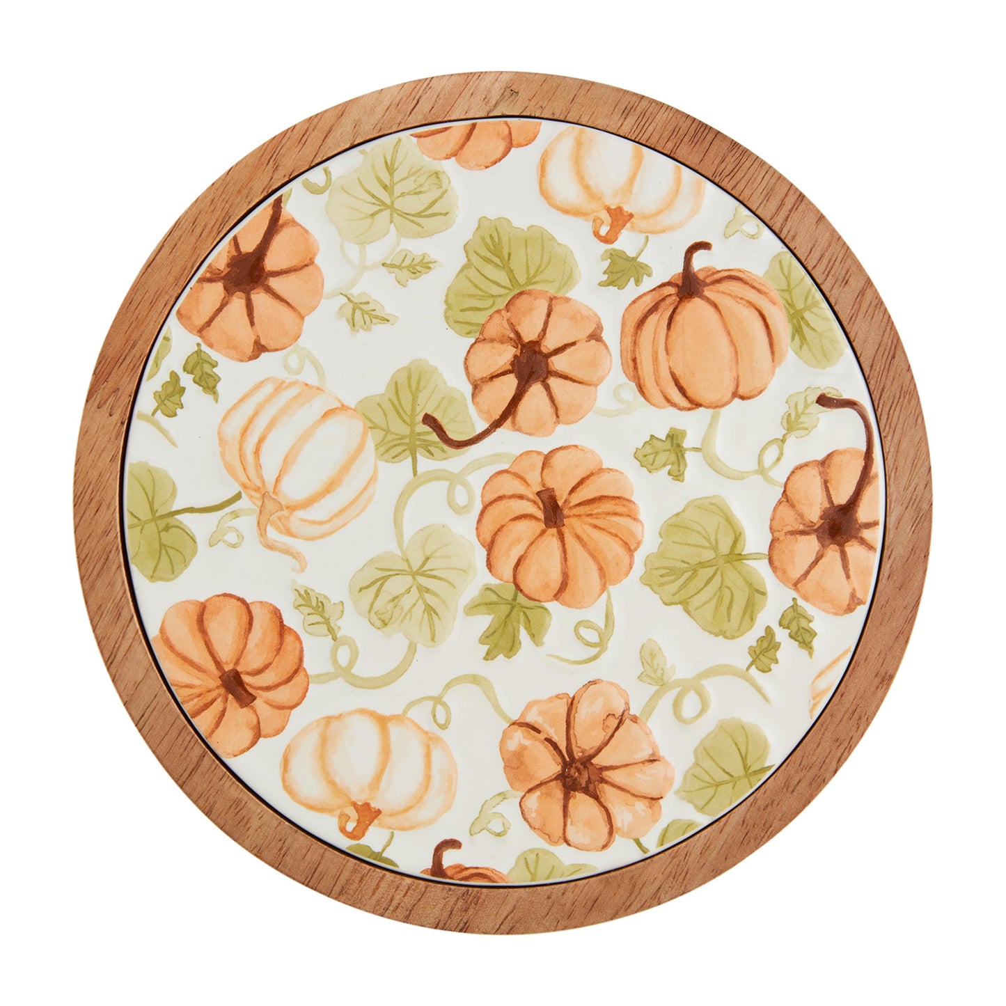 Mud Pie Pumpkin Ceramic Wood Trivet; 1 3/4" x 7" dia