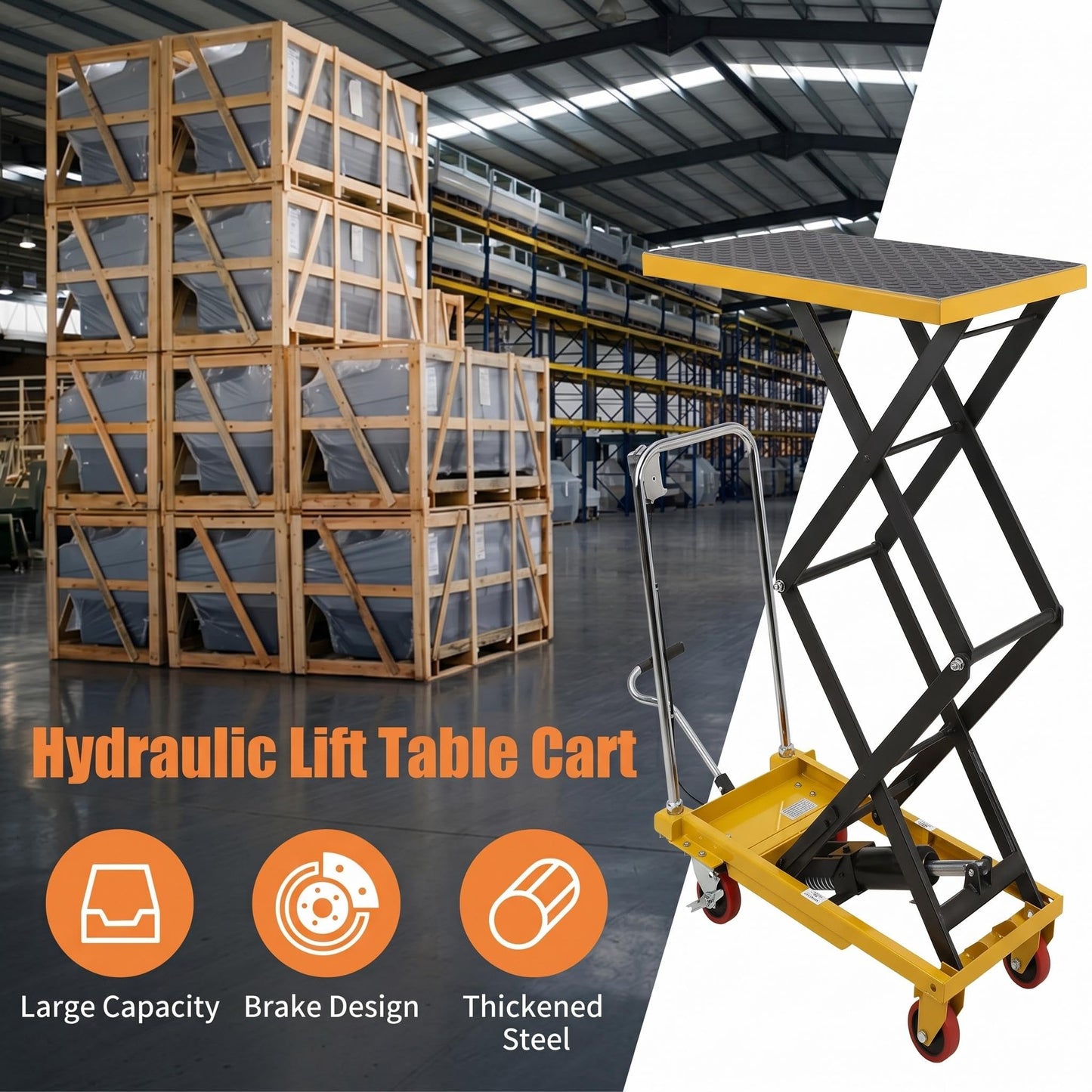 Hydraulic Double Scissor Lift Table Cart, 330 LBS Load Capacity, 50" Adjustable Height, Non-Slip Platform & 4 Universal Wheels, Heavy Duty Lift Table for Material Handling, Yellow