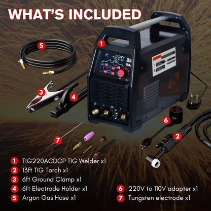 LOTOS TIG220ACDCP 220A AC/DC TIG Welder, Digital Display, 13-in-1, Pulse, Spot, Stick, HF Start, Dual Voltage 110/220V, 3 AC Waves, Aluminum Stainless Steel Welding