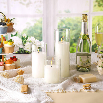 Shihanee Set of 3 Pillar Candles and 3 Glass Cylinder Candle Vases Holders Clear Pillar Jars for Wedding Centerpieces(3'' x 5.9'', 7.9'', 9.8'',White)