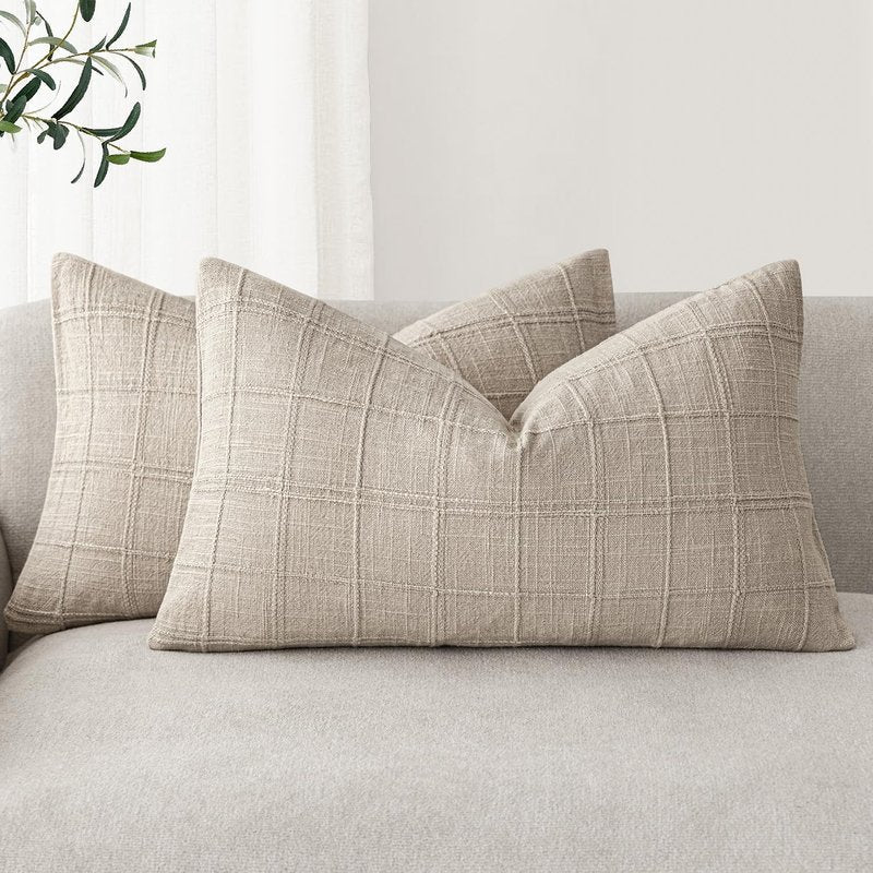 Foindtower Set of 2 Decorative Linen Check Throw Pillow Covers Neutral Farmhouse Lumbar Cushion Covers Modern Boho Home Decor for Sofa Chair Couch Bedroom Living Room,12×20 Inch,Natural Linen