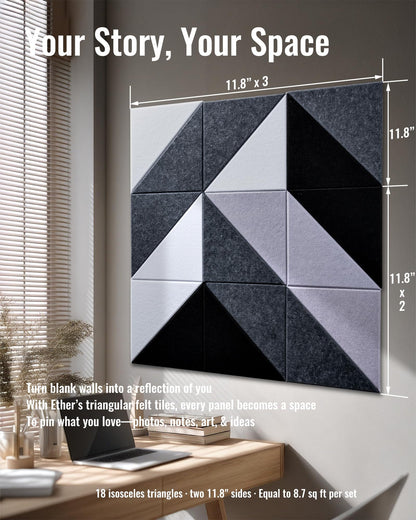 PebblingQ Felt Wall Tiles Bulletin Board, Modular Decorative Panels for Home Office, Kids Room, Classroom, DIY Geometric Design, Creative Photo Display Board, 18 Pack 11.8" Triangle Tiles(Ether)