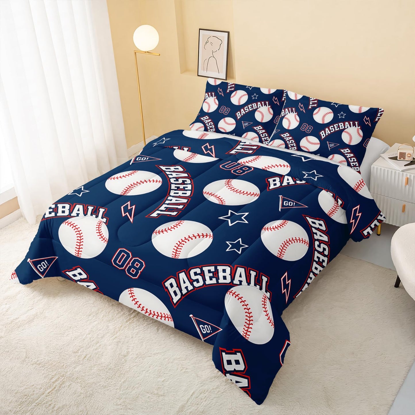 QOOMO 3D Baseballs Comforter Twin Size,Blue Baseball Kids Bedding Set,3Pcs Bedding Set Printed Comforter with 2 Pillowcases,Down Alternative,Soft and Lightweight,for All Seasons