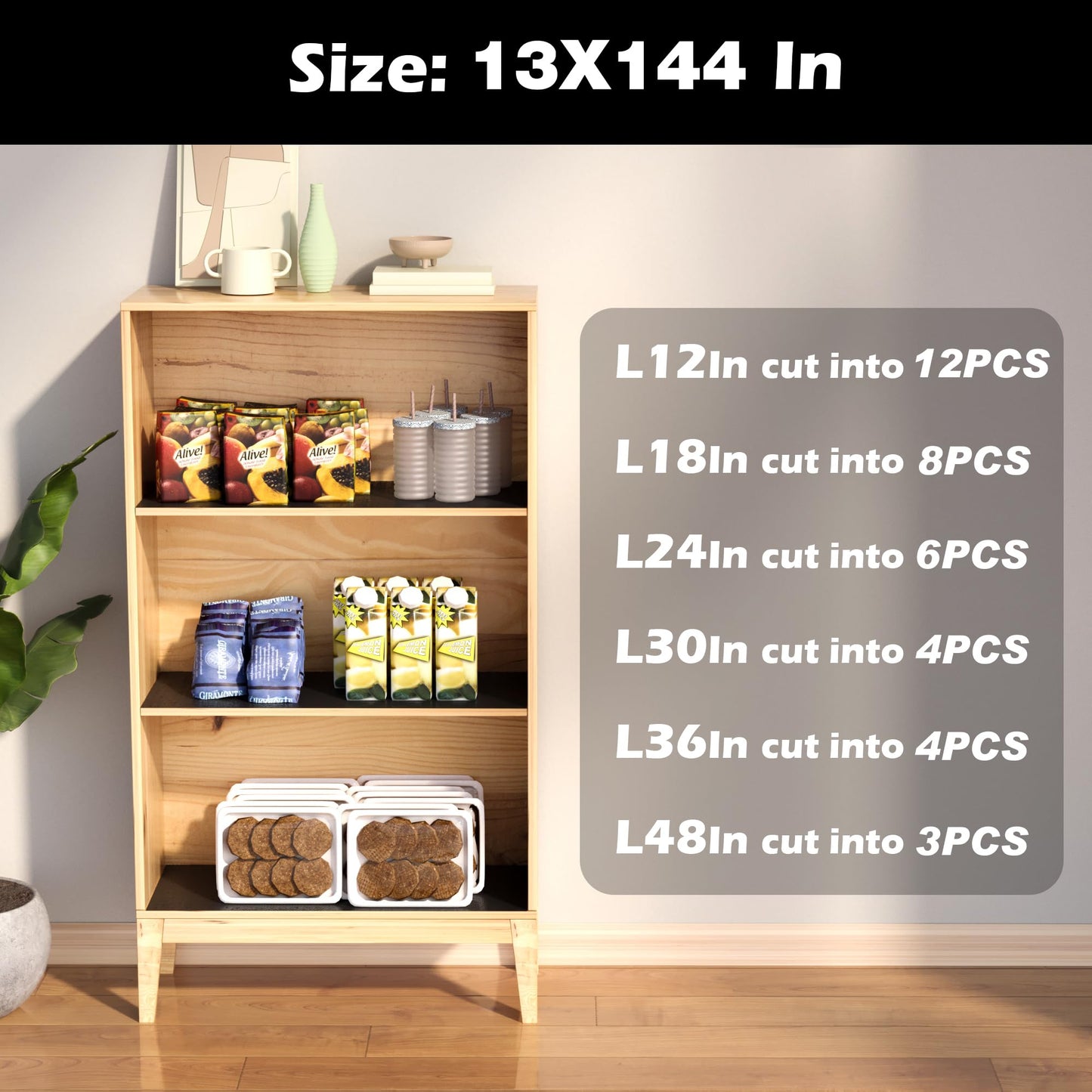 Janeart 13-Inch Wire Shelf Liner: Easy to Cut Black Plastic Pantry Shelving Liner 13" x 12 FT - Waterproof Thick Small Drawer Mat for Wire Shelves