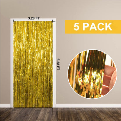 5 Pack Foil Curtain Backdrop Gold Metallic Tinsel Foil Fringe Curtains Photo Booth Props for Birthday Wedding Engagement Baby Shower Bachelorette Christmas Holiday Celebration Party Decorations