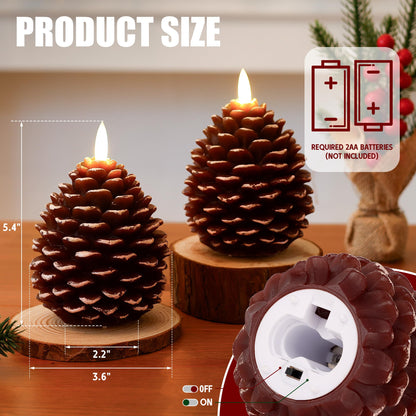 SEHNSY Christmas Flameless Pinecone Candles with Remote,Real Wax Battery Operated Candles, Flickering Led Pine Cone Candle for Xmas Holiday Winter Home Decoraction, 2 Pack
