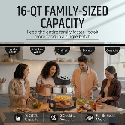 Granitestone 16 Qt Large Glass Air Fryer Non Toxic – Family Sized Airfyrer Cooker with 3 Cooking Sections, Stainless Steel Racks, No Preheat, Self Cleaning, Dishwasher Safe - Black