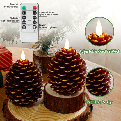 Christmas Flameless Pine Cone Candles with Remote Timer, Battery Operated Flickering Candles, LED Real Wax Pinecone for Christmas Home Decoration, Set of 2, Brown with Gold Glitter (5.5" X 4.1")
