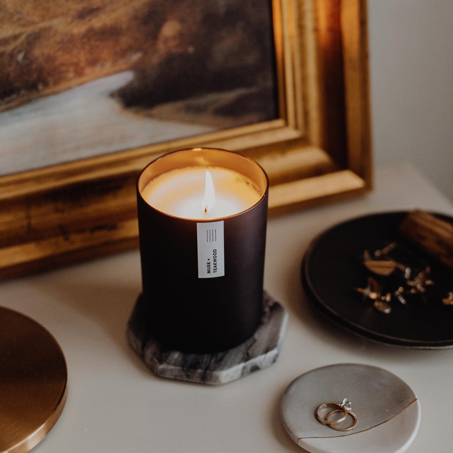 Calyan Wax Co. Musk & Teakwood Scented Candle - 75 Hour Burn - Luxury Clean Soy Wax Candles - Long Lasting Black Tumbler Jar Candle for Home - 10.2oz