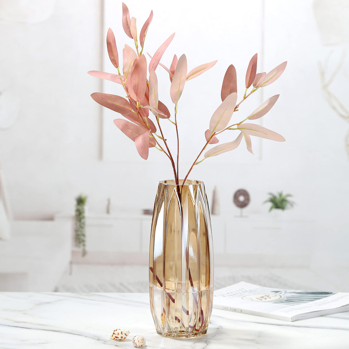 Lucky Bird Amber Glass Vase - Modern Tall/Short Ribbed Vase for Flowers & Candles - Amber H11.8" Centerpiece HomeDecor