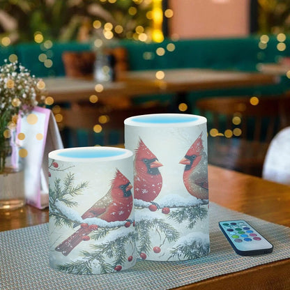 ALAZA Red Cardinals Birds Snowflake Branches Berries Winter Flameless Candles Flickering LED Candles with Remote Timer Battery Operated Pillar Candles Set of 2 for Dinner Holiday Decor