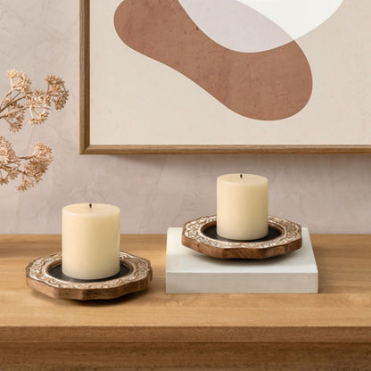 JFY Designs Hand Carved Solid Wood Candle Centerpiece Set of 2 - Pillar Candle Holders Decorative Candlestick Holder for Home Décor, Wedding, Dinning, Party
