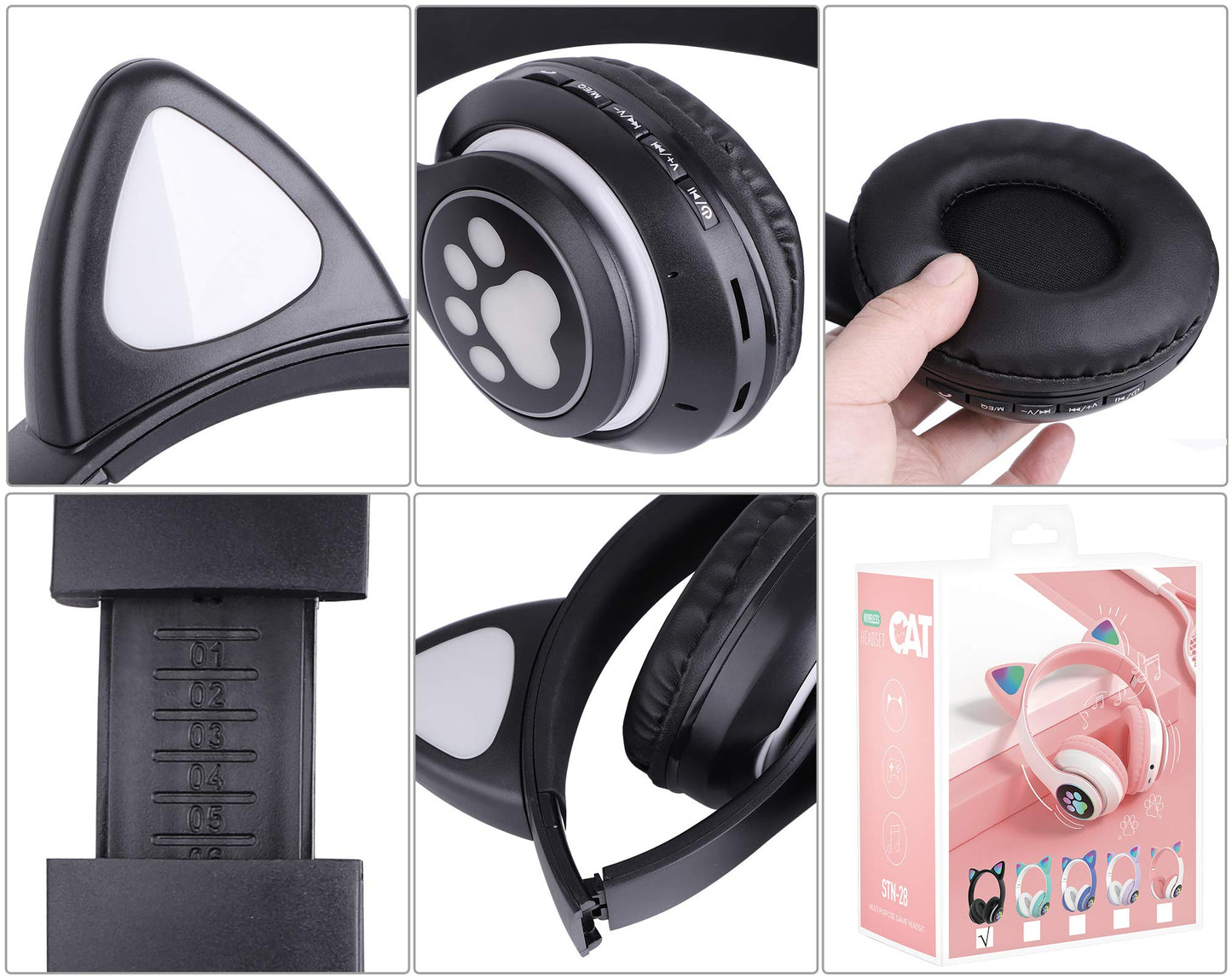TCJJ Kids Wireless Headphones - Cat Ear LED Light Up, Bluetooth 5.4, Safe Volume Limit, Noise Cancelling with Mic & TF Card for Girls Boys Toddlers School (Black)