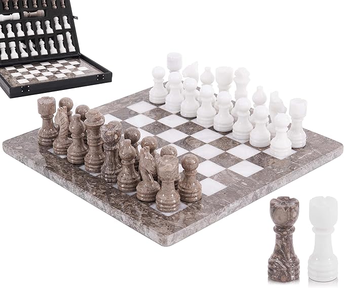 Marble Chess Set for Adults 12 Handmade Oceanic &amp White Board Game with 32 Chess Pieces 2 Extra Queens &amp Storage Box Luxury Travel Game Elegant for Home Decor