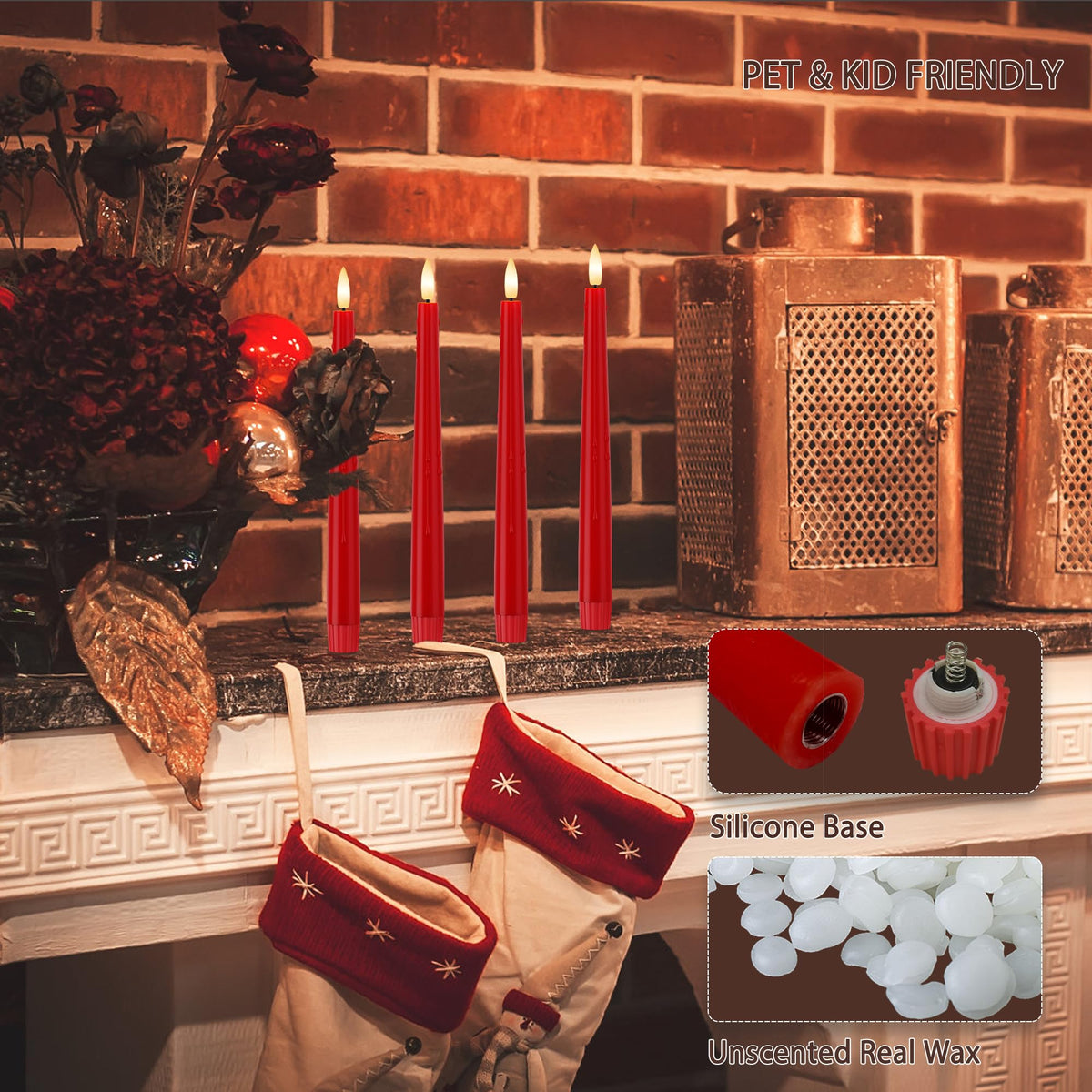Red Flameless Taper Candles 9.6" Christmas LED Candles Real Wax with Remote Timer, Battery Operated LED Candles Set with 3D Flickering Flame, Classic Flickering Candlesticks for Home, Party, 3 Pack