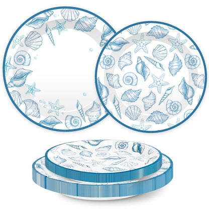 FYSUIMU 50 Pcs Ocean Paper Plates Blue Seashell Disposable Plates 7 & 9 Inch Summer Sea Beach Theme Dessert Plate for Birthday Baby Shower Wedding Party Tableware Supplies