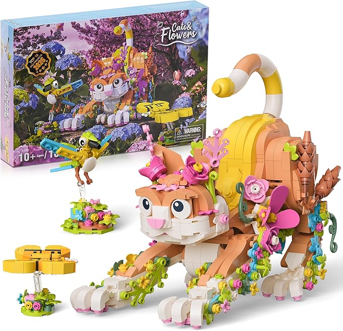 JOJO&ampPeach Cat and Flower Building Toy Set for Girls Animals Plant Model Ideas Birthday Gift for Women Adults Teens Girlfriend Mom Wife Age 8 9 10 11 12+ (1038 Pieces)