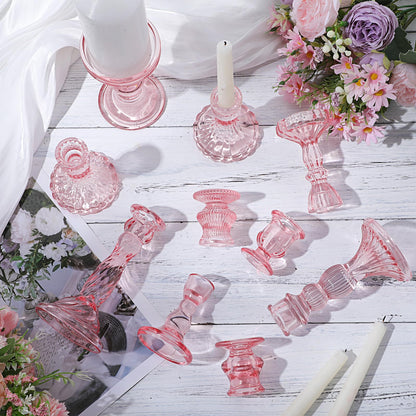 Mumufy 20 Pcs Glass Crystal Taper Candle Holders Clear Glass Candlestick Holder Fit 0.8 Inch Candles Crystal Decorative Candle Stand Centerpiece Table Wedding Dining Party(Pink)