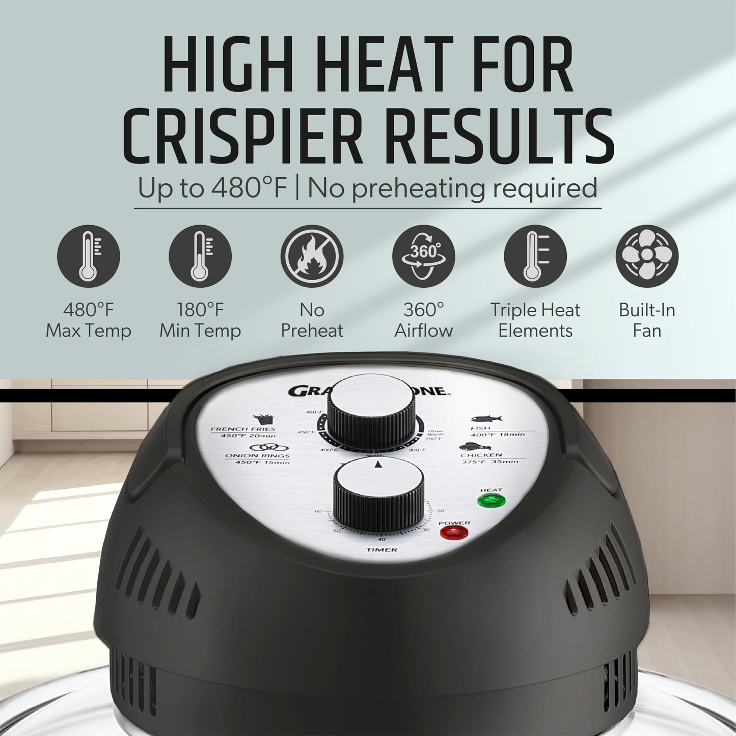 Granitestone 16 Qt Large Glass Air Fryer Non Toxic – Family Sized Airfyrer Cooker with 3 Cooking Sections, Stainless Steel Racks, No Preheat, Self Cleaning, Dishwasher Safe - Black
