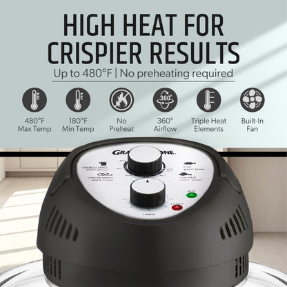 Granitestone 16 Qt Large Glass Air Fryer Non Toxic – Family Sized Airfyrer Cooker with 3 Cooking Sections, Stainless Steel Racks, No Preheat, Self Cleaning, Dishwasher Safe - Black