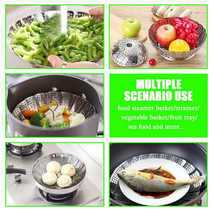 Steamer Basket Stainless Steel Vegetable Basket Metal Handle Folding Silicone Feet Steamer Insert for Cooking Veggies Fish Seafood Include Safety Tool,Fit Various Pot Pressure Cooker (5.1" to 9.5")