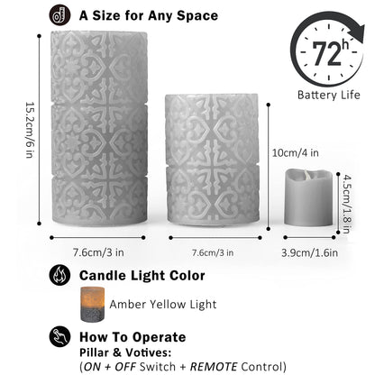 FURORA LIGHTING Grey Rome Flameless Candles - Real Wax, Adjustable Brightness, Remote & Timer - 4 Pillars (3x4, 3x6) and 4 Votives, 8-Pack, Battery Operated