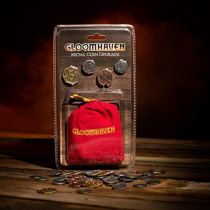 Cephalofair Games: Gloomhaven: Metal Coin Upgrade - 60 Coins &amp Drawstring Bag Board Game Accessory Metal Currency Detailed Art