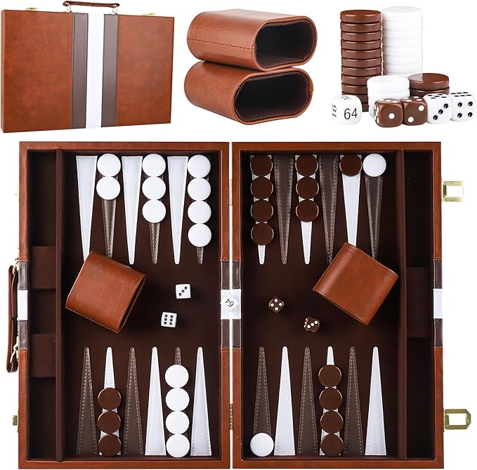 Froggod 15 inch Backgammon Sets for Adults - Classic Board Game for Adults - Portable Travel Backgammon Set for 2 Players - Perfect Adult Board Games for Gifts &amp Family Fun(Brown)