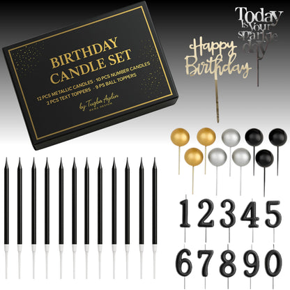 by Tugba Aydan - 33 Pcs Black Birthday Candle Set with Number Candles 0–9, Metallic Long Candles, Ball & Text Toppers – Complete Cake Decoration Kit for Kids & Adults Birthday Party