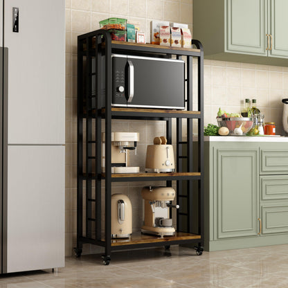 4-Tier Kitchen Baker's Rack with Rolling Wheels, Microwave Oven Cart Stand, Adjustable Utility Shelving Storage Unit, Heavy Duty Organizer Rack for Living Room, Garage, Home and Office(Brown)