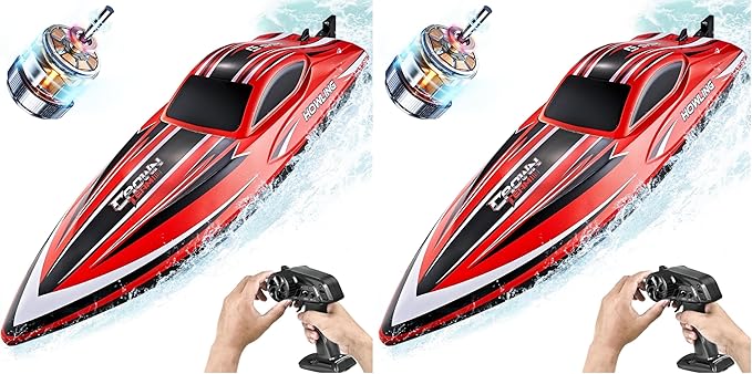 BEZGAR RC Boat 16 inch Big Brushless Remote Control Boat for Adults and Kids 55 KPH Large Fast RC Speed Boats with 2000mAh Battery Ideal Waterproof Toy Boats for Lakes - HJ818PRO Red (Pack of 2)