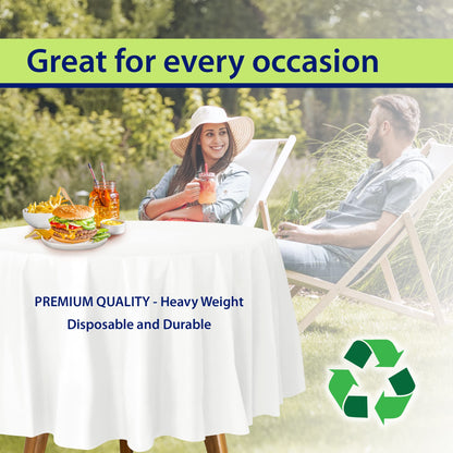 Party Dimensions White Disposable Plastic Tablecloth for Round Tables (12 Pack) 84 inches Table Cloths for Parties, Events & Weddings, Indoors & Outdoors, Plastic Table Cover