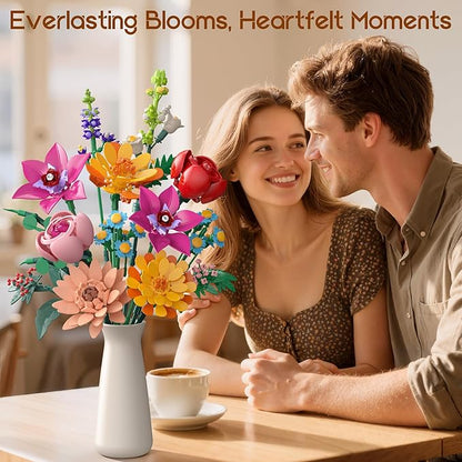 Flowers Bouquet Building Set 887 Pcs with Flower Artificial Roses for Home Office Decoration Gift for Mother's Day Valentine's Day and Kids 6+/Adults Birthday