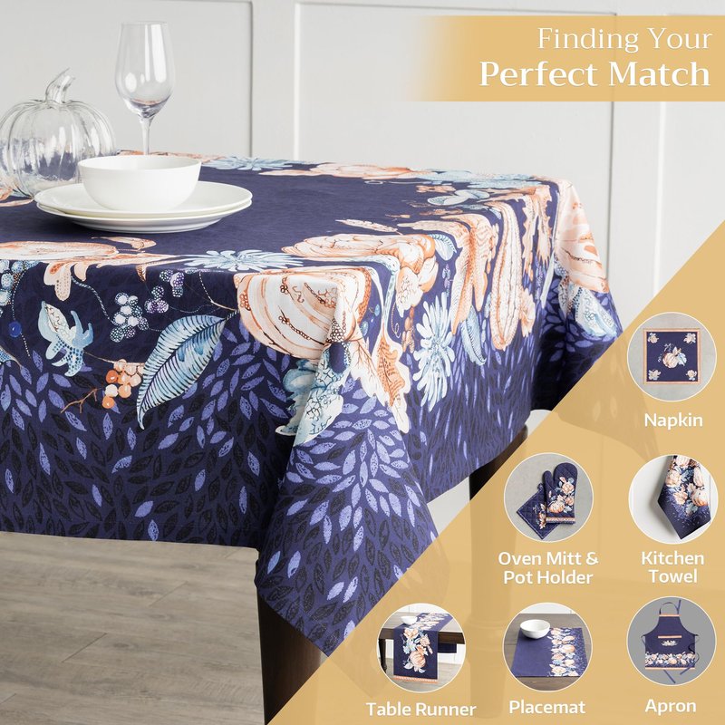 Maison d' Hermine Table Cloth Rectangle Table 100% Cotton 70 x 108 Inches Fall Tablecloth Reusable Everyday Use for Thanksgiving Christmas Decorations Dining Farmhouse Party (Pumpkin Blues)