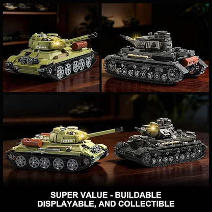 WW2 Army Tank Building Sets with Lights Panzer IV &amp T-34 Military Tanks Model Kit Compatible with Lego Great Army Toys Gift for Military Fans Boys Kids Ages 8+ &amp Adults (1201 Pieces)