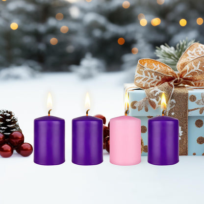 Mega Candles 4 pcs Unscented Christmas Advent Candles Set, Hand Poured Premium Wax Dome Top Round Pillar Candle 2 Inch x 3 Inch, Holidays, Festivities, Devotional, Church, Wreath, Party, Gifts