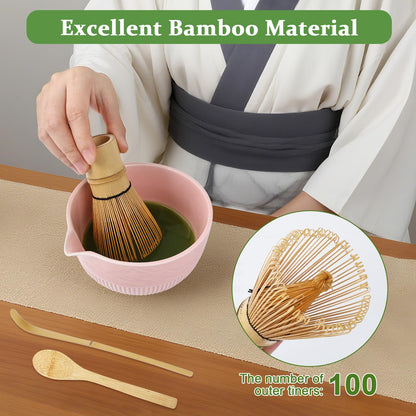 PHILORN Matcha Whisk Set, 9Pcs Ceramic Macha Kit, Matcha Set Whisk and Bowl with Spout, Whisks, Holder, Bamboo Scoop, Scoop Rest, Sifter and Tea Towel for Macha Lover (Pink)