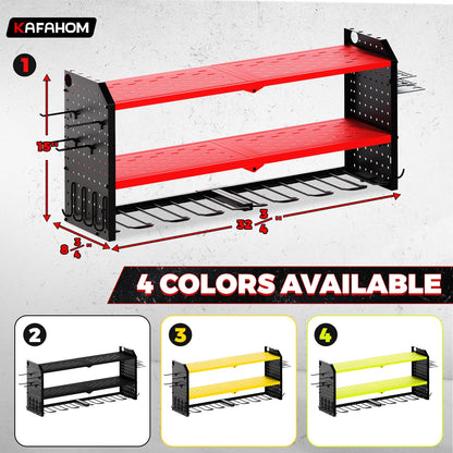 KAFAHOM Power Tool Organizer, Large 8 Drill Holder Wall Mount with 2 Side Pegboards, Heavy Duty Metal Tool Shelf with 12 Hooks, Storage Rack for Garage Organization, Utility Battery Shelves - Red