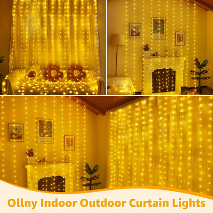 Ollny Curtain Lights 300LED 9.8ftx9.8ft, Connectable IP67 Waterproof Outdoor Curtain String Lights with Remote, Plug-in Untangle Fairy Lights with 8 Modes 3 Timers for Wall Backdrop Decor(Warm White)