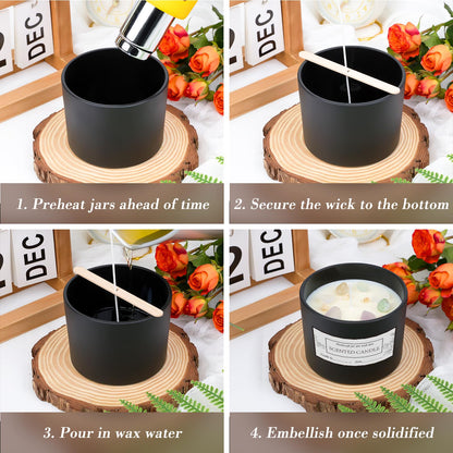 CONNOO 8 Pack 12 OZ Black Glass Wide Mouth Candle Jars for Making Candles with Airtight Bamboo Lids Nice Sticky Warning Labels for Candle Making Empty Container Bulk - Dishwasher Safe
